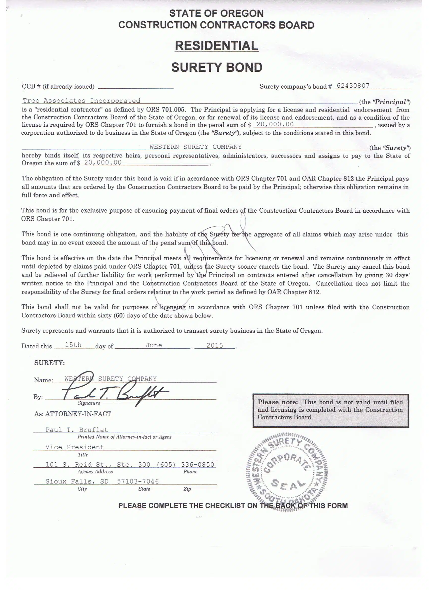 State of Oregon Construction Contractors Board Residential Surety Bond